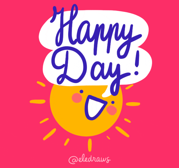 Pohyblivý obrázek s kresleným usmívajícím se sluníčkem a nápisem "Happy day!". 