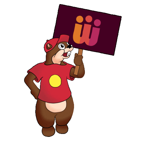 Digital art gif. Smiling woodchuck wearing a cute red baseball cap and a t-shirt hoists a picket sign showing the logo of the Women's March.