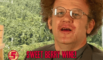 TV gif. John C. Reilly as Dr. Steve Brule on Tim and Eric Awesome Show, Great Job looks at us with a face stained and dripping with red wine. He slurs his words as he says, “Sweet berry wine!”