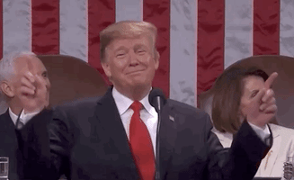 Political gif. Donald Trump acting like a conductor, smiling and making arcs with his fingers. Nancy Pelosi and Mike Pence are visible in the background.