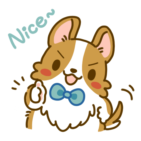 Cartoon gif. A digitally drawn welsh corgi dog looks at us. It is smiling, wearing a blue bow tie, wagging a little tail, and holding up a thumbs up. Text, "Nice."