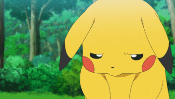 Pokémon gif. Pikachu hangs his head as we slowly zoom in towards him, then he looks up with a sad expression on his face. 