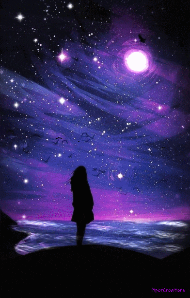 pipercreations night alone silhouette stars whimsical birds moon woman water ripples