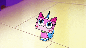 Cartoon gif. Unikitty sits and looks up, and gives a big wink.