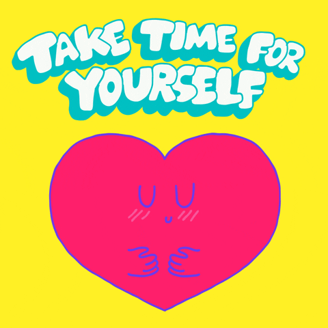 Text gif. Contented heart hugs itself and radiates mini hearts all around, under the text, "Take time for yourself" against a yellow background.