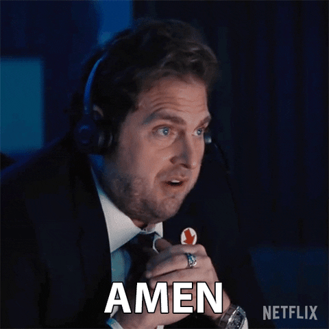 Movie gif. Jonah Hill as Jason in Don't Look Up. He solemnly hangs his head and rests his chin on his hand as he says, "Amen."