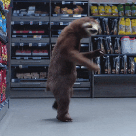 Video gif. A sloth is moving towards us and doing the shuffle in the aisle of a grocery store. He's dancing remarkably fast and well for a sloth. 