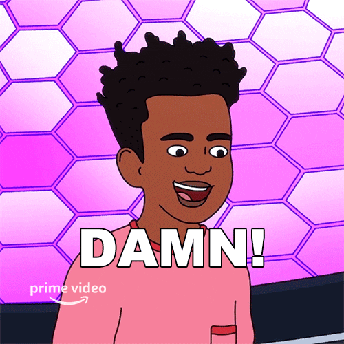 Cartoon gif. In front of a pink hexagonal-patterned background, Truman on Fairfax smiles and says, "Damn!" which appears as text.