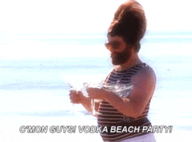 TV gif. Zach Galifianakis on The Tim and Eric Awesome Show, Great Job! walks on the beach with his hair absurdly tall. He carries three enormous champagne glasses which are full, and says, "C'mon guys! Vodka beach party!"