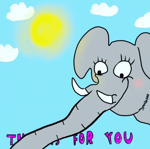 Kreslený gif se slonem držícím květinu v chobotu a nápisem "This is for you". 