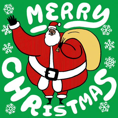 Cartoon gif. Santa Claus holds a sack over his shoulder with one hand and waves hello with the other. Over a green background, ornate white snowflakes twirl around the edges and puffy text reads, "Merry Christmas."