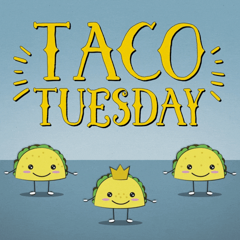 Digital art gif. Three smiling hard shelled tacos tip and dance on their skinny legs. Yellow text above them reads, "Taco Tuesday."