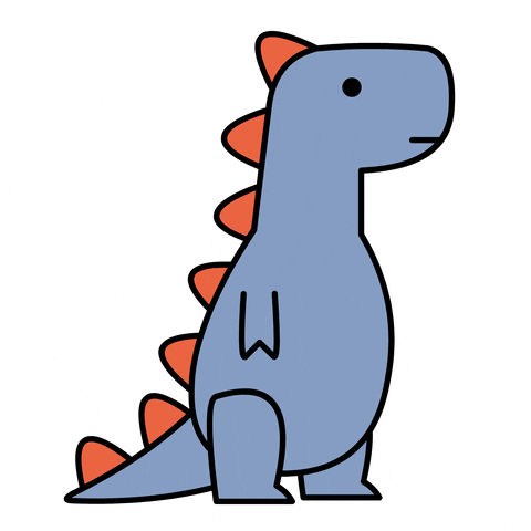 Illustrated gif. Pink heart pops from the chest of a powder-blue T-rex with orange spikes; he holds the heart and then tosses it up in the air.