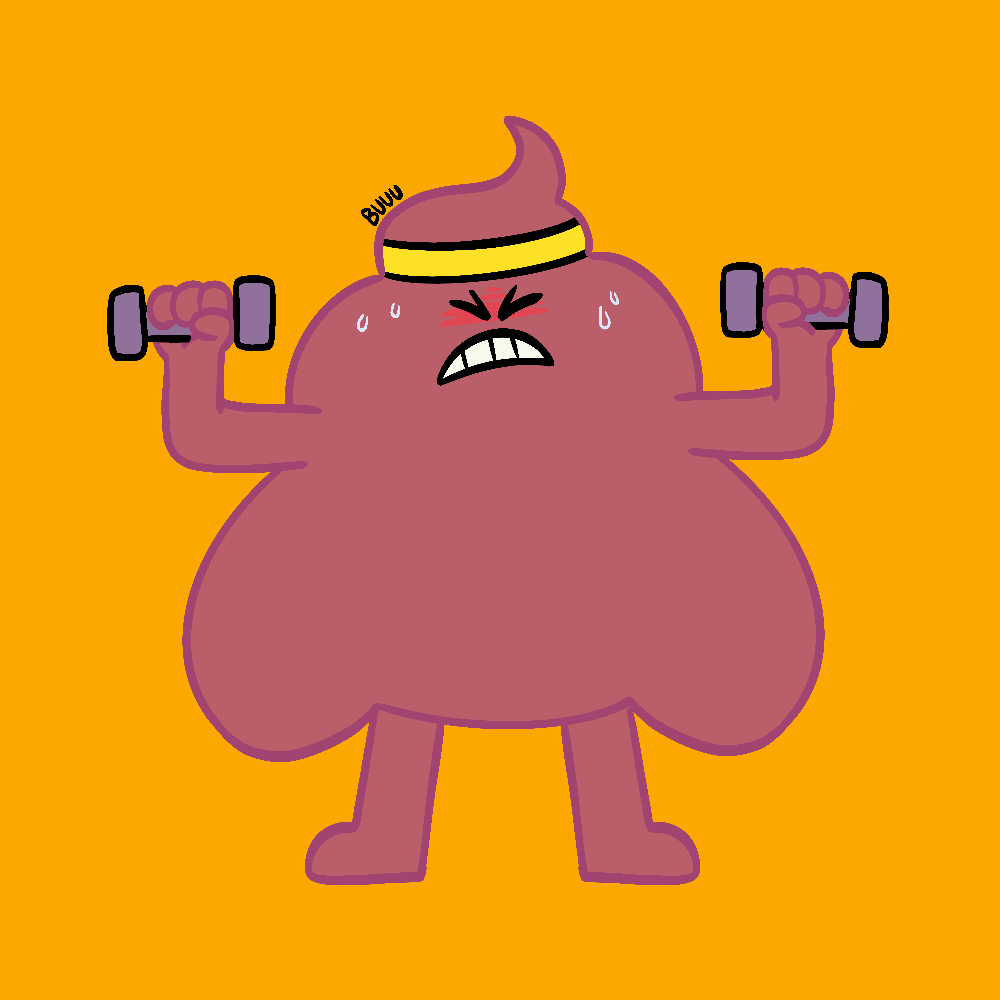Cartoon gif. An anthropomorphic blob wearing a sweatband winces, flexes, and sweats, lifting dumbbells over its head repeatedly.