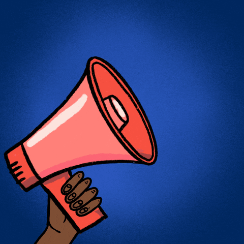 Illustrated gif. Hand holding a megaphone with the text, "Yes" coming out of it.