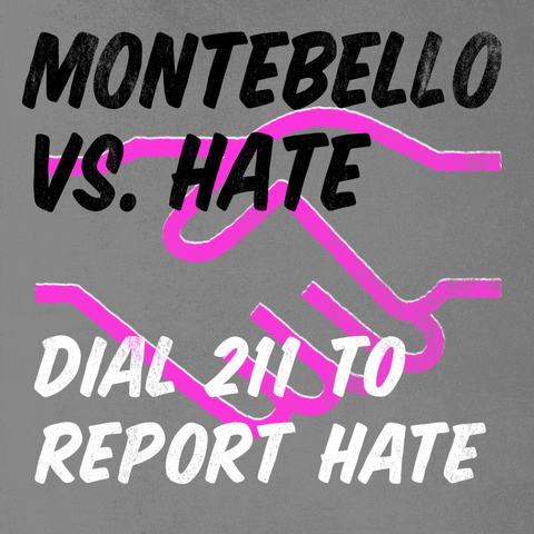 Text gif. Neon pink graphic of a handshake on a concrete gray background. Text, "Montebello vs hate, dial 211 to report hate."