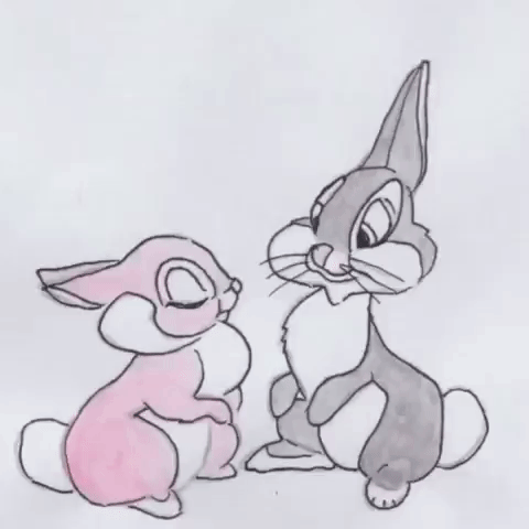 Disney gif. An animation of redrawn sketches from Bambi. A female rabbit kisses Thumper, and his ears twist around each other in surprise. A large red heart grows and shrinks in the background.