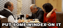 Movie gif. From My Big Fat Greek Wedding, woman sits at a diner table holding up her elbow as a man sitting in the booth reaches over with a bottle of Windex to spray her elbow. Text, "Put some Windex on it."