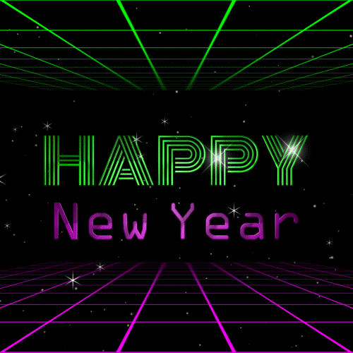 Text gif. Eighties retro aesthetic grids scroll against a starry black background above and below retro text with flashy sparkles that reads, “Happy New Year.”