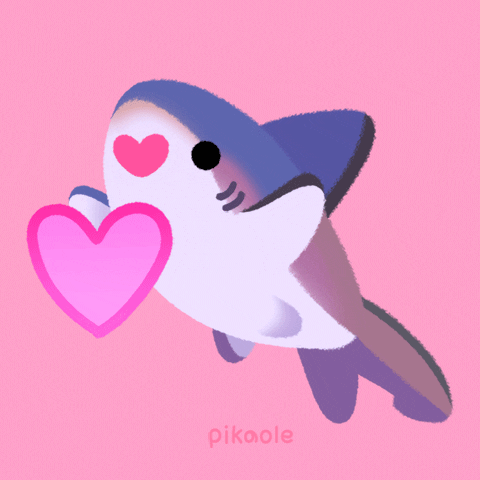 Digital art gif. A shark shoots us a pink heart that exudes from its chest, raising its flippers to toss it at us. 