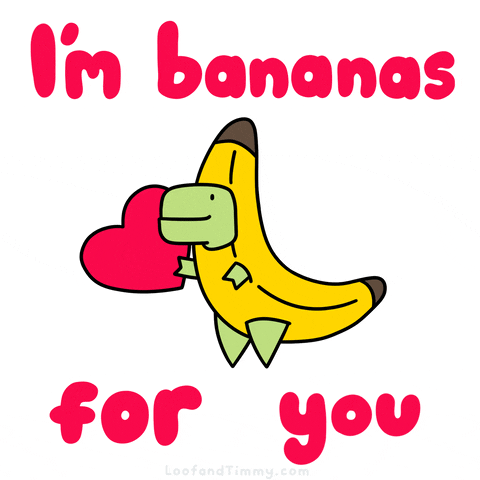 Kawaii gif. A smiling green dinosaur dressed in a banana costume holds a red heart in its hands. Text, "I'm bananas for you."