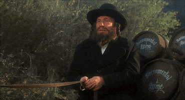 Movie gif. Mel Brooks as Rabbi Tuckman in Robin Hood Men in Tights glances around as he raises a hand and shakes it as if something is uneven. Text, "Faygeles?"