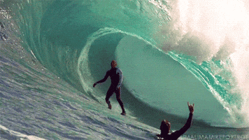 Sports gif. Kelly Slater rides a huge wave and makes it out of the barrel and he's stoked. Another surfer in the water throws him a shaka.