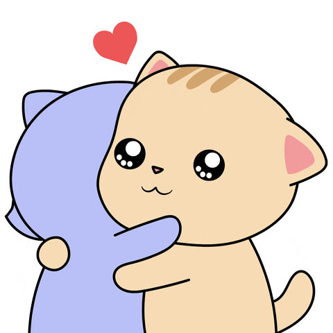Kawaii gif. A Chubbifrens cartoon cat hugs a friend, happy tears glistening in their eyes, a heart fluttering above their heads.