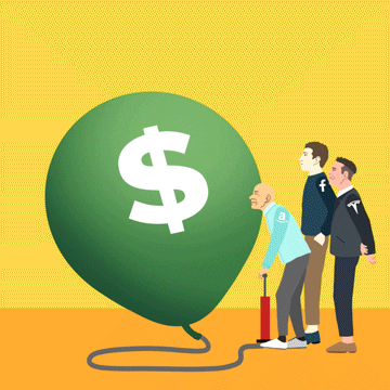 Digital art gif. Illustration of cartoon versions of Jeff Bezos, Elon Musk, and Mark Zuckerberg, all standing together as Bezos uses a pump to inflate a giant green balloon. The balloon is labeled with a giant dollar sign and text that reads, "Inflation is price gouging and corporate greed," everything against a yellow background.