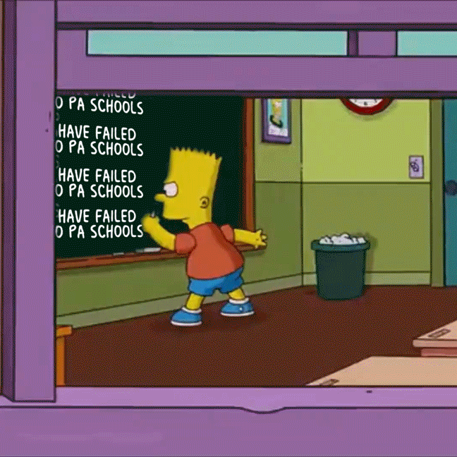 The Simpsons gif. Bart Simpson finishes writing the statement, “Republicans have failed to deliver to PA public schools,” over and over again on the chalkboard and turns to run out of the classroom.
