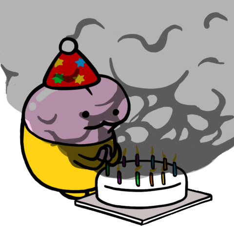 Digital illustration gif. Pink creature wearing a red cone-shaped party hat waves a hand over the candles on a birthday cake and then claps happily as a large plume of black smoke emerges from it. 