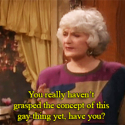 TV gif. Bea Arthur as Dorothy on Golden Girls frowns and says, "You really haven't grasped the concept of this gay thing yet, have you?" 
