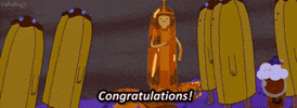 Cartoon gif. Princess Bubblegum from Adventure Time tosses up colorful confetti and shouts "congratulations!," surrounded by a small crowd.