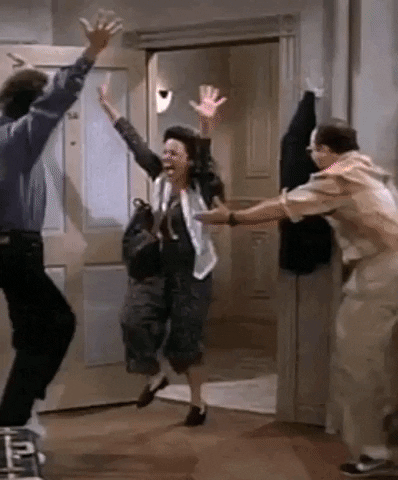 Seinfeld gif. With their feet dancing and arms thrown in the air, Jerry, Elaine, and George cheer in celebration. Text, “Fri-yay!”