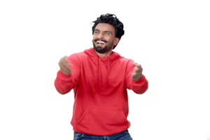 Celebrity gif. Ranveer Singh smiles happily and does a Bollywood dance, moving side to side while reaching his arms out and turning them in sync with his feet.
