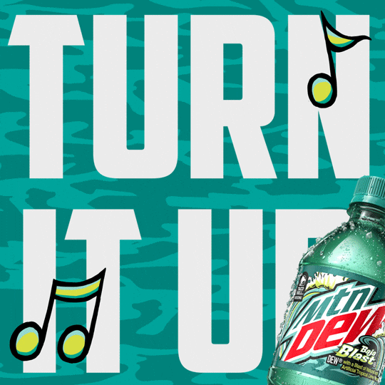 Sponsored gif. A Mountain Dew Baja Blast soda bottle is in the bottom right corner and green music notes are in the top right and bottom left corners. The music notes sway in unison and the soda bottle and text, "Turn It Up," bounce to the same beat. The background has a teal camo print. 