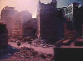 Video gif. Vintage footage pans past rubble in a city of dilapidated buildings. Text, "We just love it here. Beautiful."