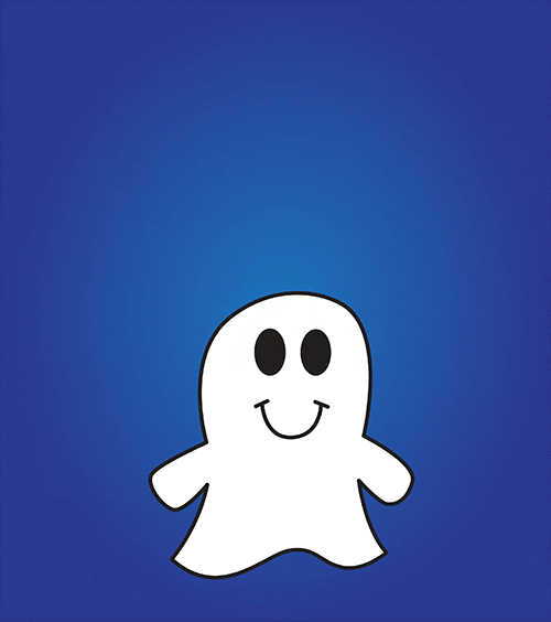 Illustration gif. Small ghost with a smiley face, gets closer to us and waves his arms around as he yells out happily, “Boo!”