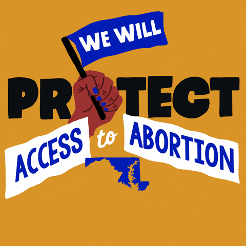 Text gif. Brown hand with blue fingernails against mustard yellow background waves a blue flag up and down that reads, “We will,” followed by the text, “Protect access to abortion. Maryland.”