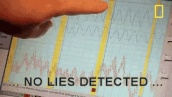 Video gif. A person points to a lie detector chart. Text, “...No Lies Detected…” 