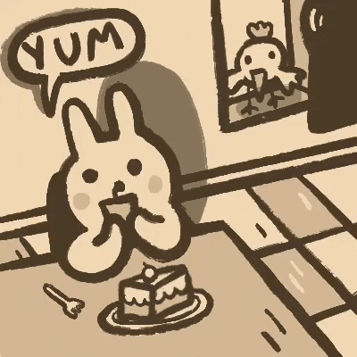 Cartoon gif. A cartoon rabbit eats a piece of cake with a speech bubble that says, “yum.”