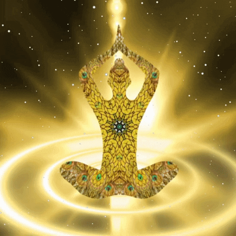 Digital illustration gif. Back view of a golden Buddha statue seated in the lotus position, holding his hands in prayer over his head as the universe whirls around him, emitting golden light that radiates into outer space. Text, "Cool calm collected."