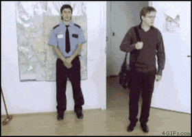 Video gif. A collection of videos of people using clever ways to camouflage themselves in an office. One pulls a map down over his head that turns into a table, while another pretends to be a plant, then another man hides under his desk. A man grabs a rope and shoots toward the ceiling while another man backs into a storage cabinet. Two people with a perfect replica of a whiteboard on their backs turn towards the whiteboard and disappear, then a man crouches into a chest.