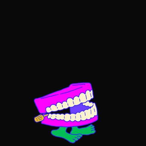Text gif. Brightly colored Chattering teeth clack open and closed, as a word bubble appears from the open mouth with the text "Kvetch city, bitch!" against a black background.