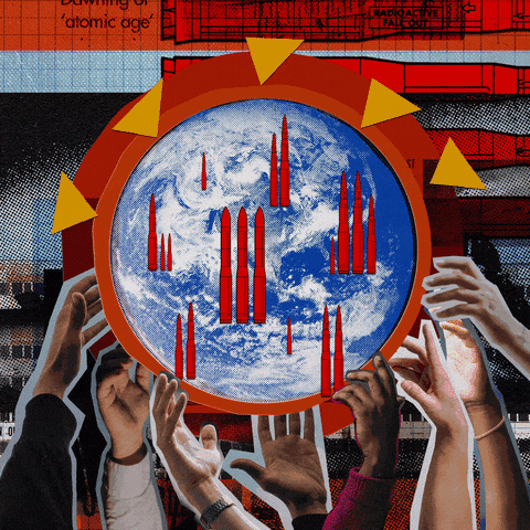 Text gif. Collage of many hands holding up a photo of the Earth covered in many red missiles. The hands shake the Earth and the missiles turn to big red hearts, activating the message "Together we can change the world" to fill the screen.