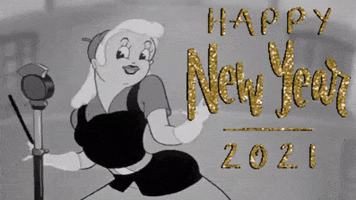 Cartoon gif. Black-and-white woman singing into a retro microphone while shaking her hips. Gold sparkling text reads "Happy New Year 2021."