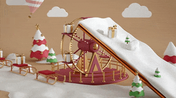 Holiday gif. Adorable white giftboxes approach a maroon and gold ferris wheel on matching red and gold sleds. Each giftbox bounces onto the ferris wheel. When they reach the top, they hop onto a snowy slope leaning against the ferris wheel and slide down. In the background, wiggly Christmas trees, hot air balloons, and white clouds supplement the cute, snowy aesthetic.