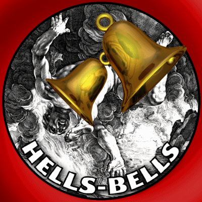 Digital art gif. A Baroque-era-like drawing of a man caught in a fiery, cloudy tangle, cropped in a circle with a red frame, and overlaid with two golden ringing bells. Text, "Hells-bells." 