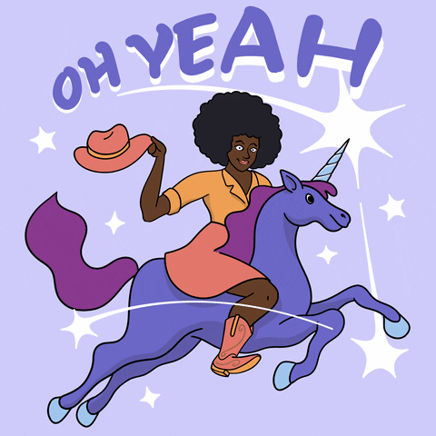 Digital art gif. A cowgirl waves her hat while riding a unicorn, whose mane billows in the wind. Sparkles alight around them and the text above reads, "Oh Yeah."