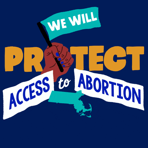 Text gif. Brown hand with blue fingernails against navy blue background waves a light blue flag up and down that reads, “We will,” followed by the text, “Protect access to abortion. Massachusetts.”